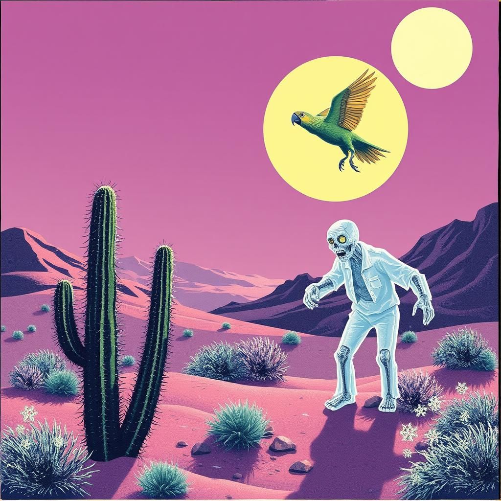 Surreal Desert Scene: Cactus, Parrot, Zombie