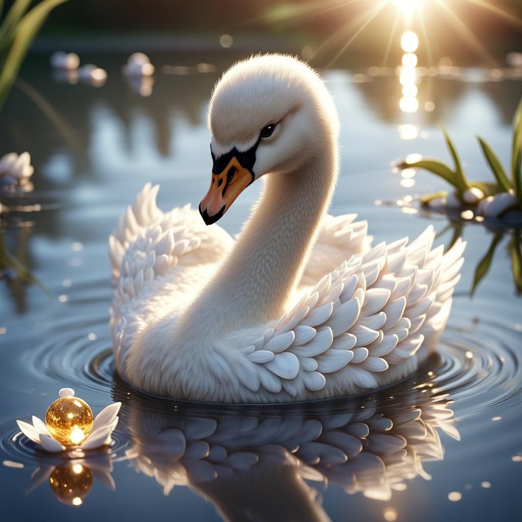 Adorable Chibi Swan on Sparkling Water: 8k Detail