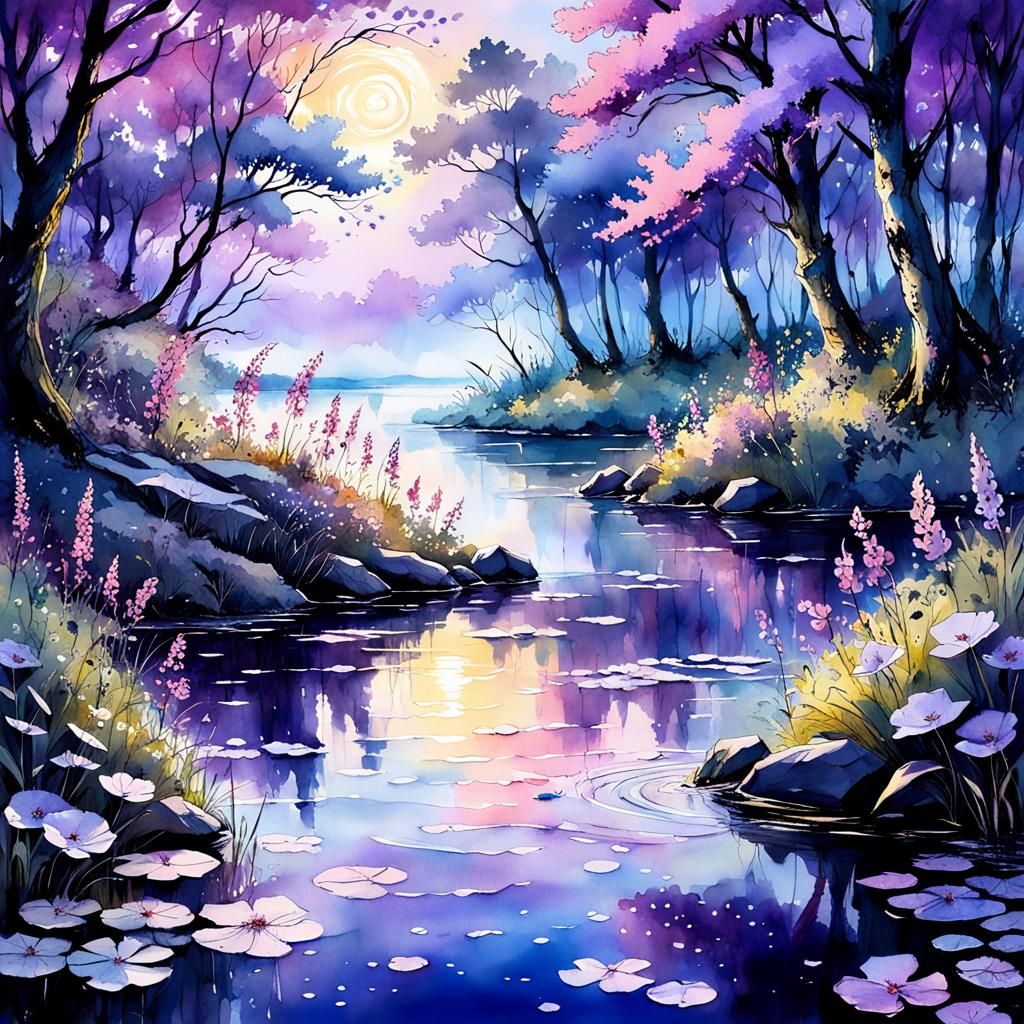 Ethereal Forest Lake Glade at Sunset