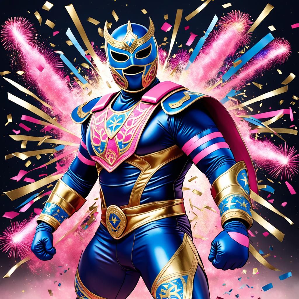 Ecstatic Luchador Champion Celebrates Victory in Arena