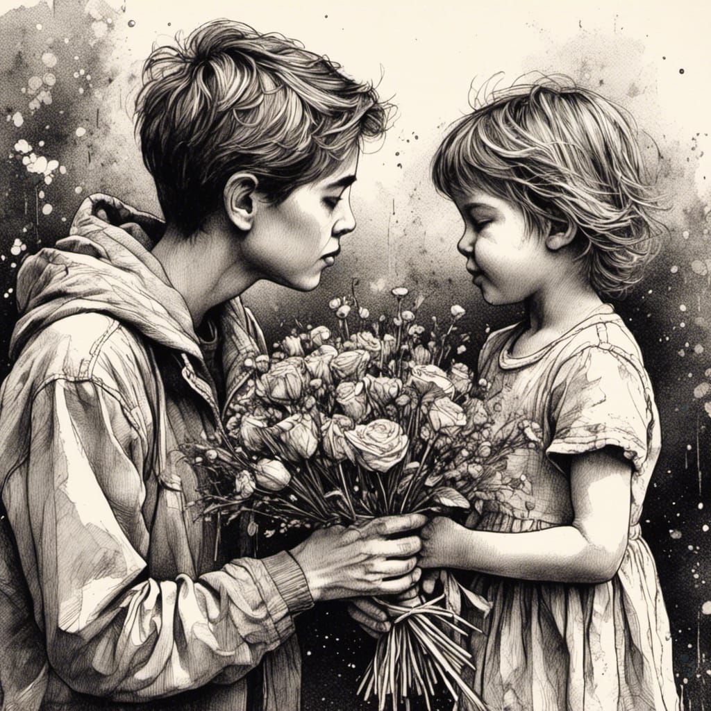 Heartwarming Ink Portrait of Mother and Child