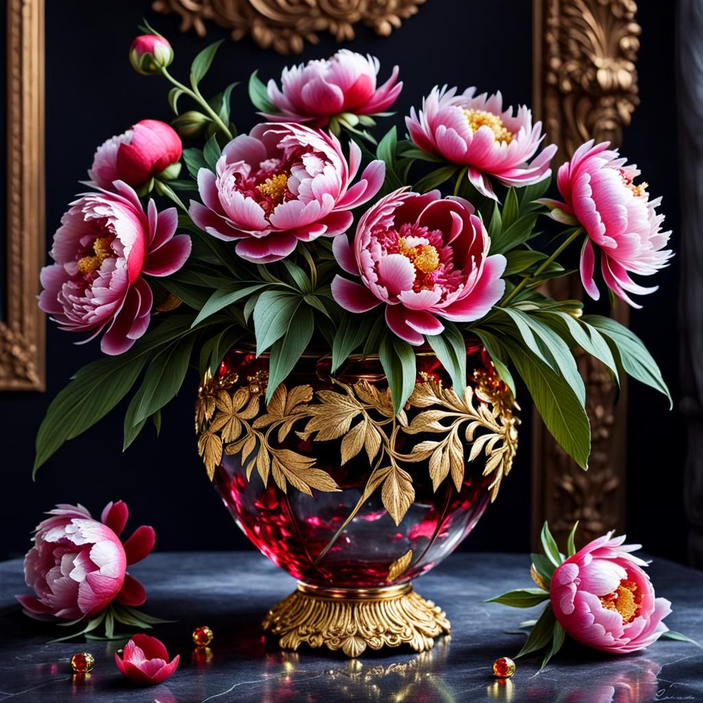 Luxurious Red Peonies in a Golden Glass Vase