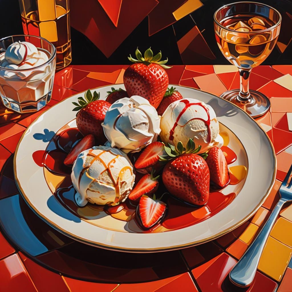 Cubist Strawberries and Ice Cream Still Life
