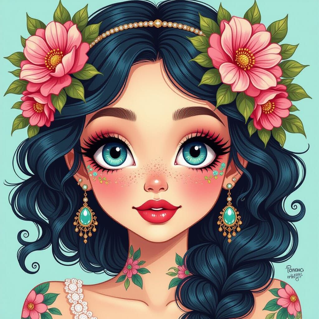 Whimsical Tattoo-Style Women with Floral Adornments