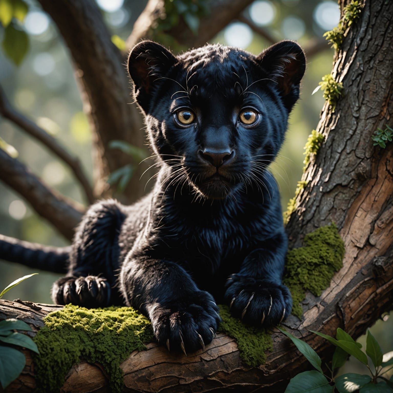 Hyper-Realistic Baby Black Panther in a Tree