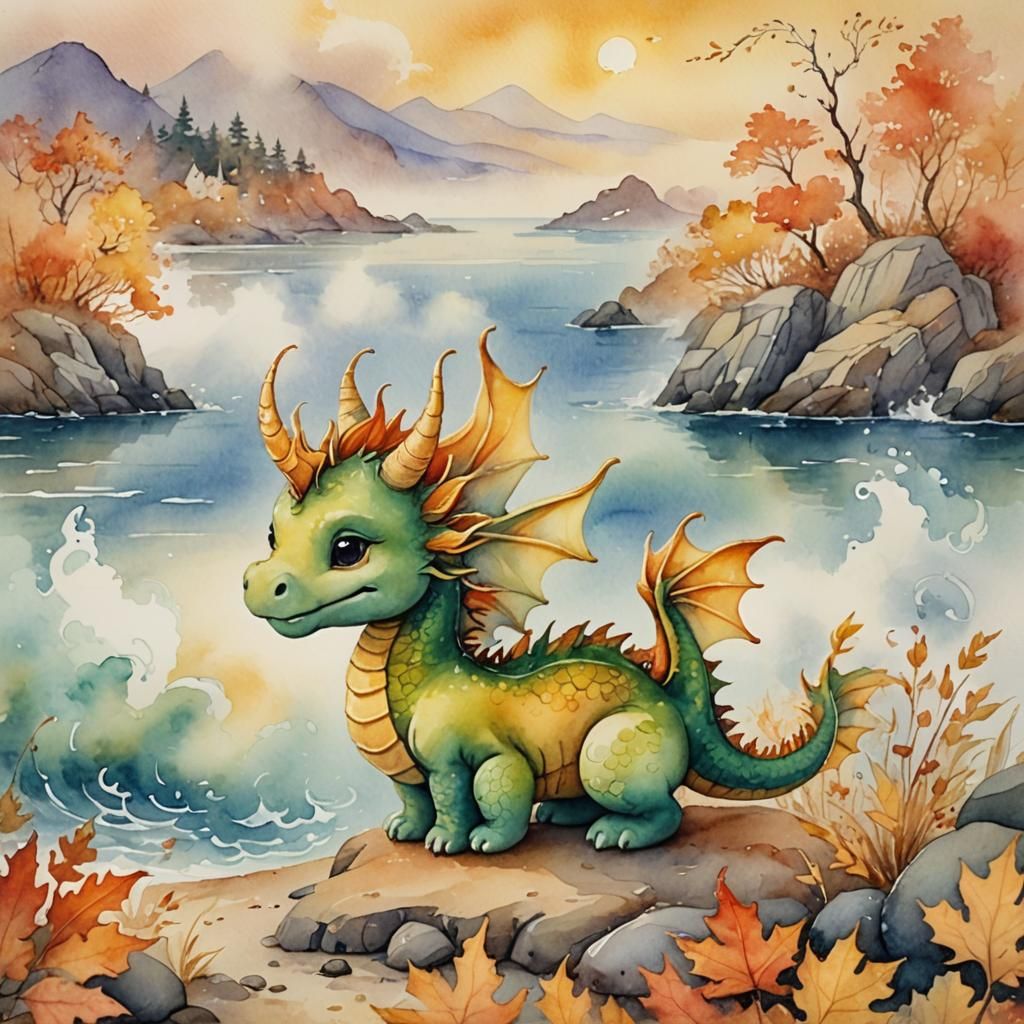 Cute Baby Dragon in Autumn Mist, Watercolor