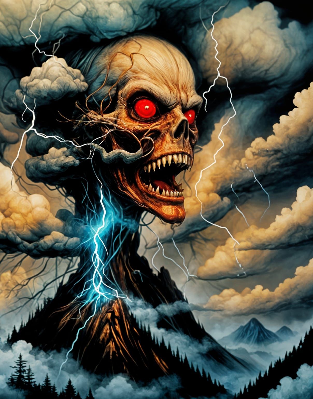 Dramatic Lightning Strikes Skull Mountain in Graphic Style