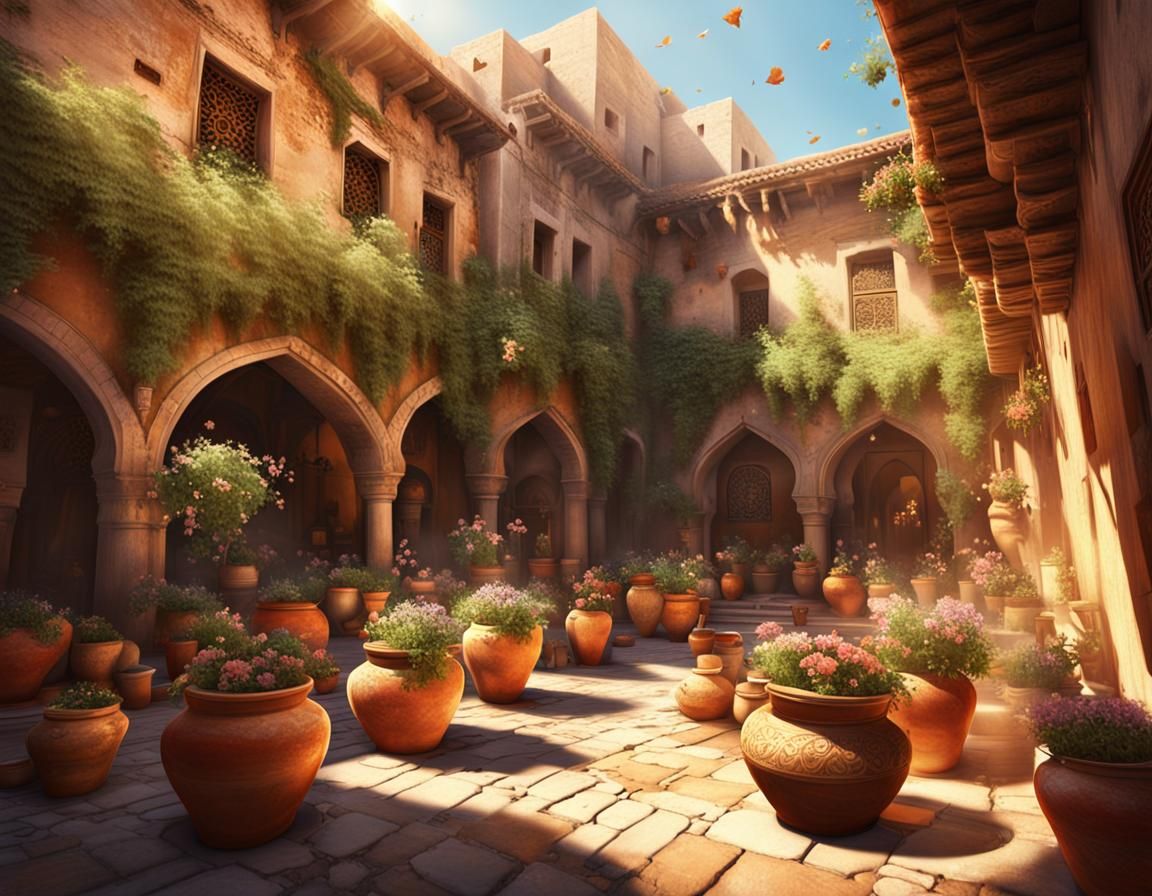 Bustling Arabic Courtyard with Flowering Plants, Concept Art