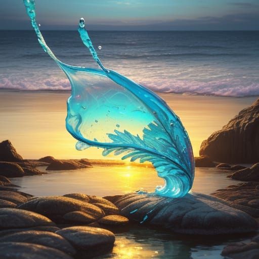 Ethereal Prawn Formed from Glowing Water in Dreamlike Beach ...