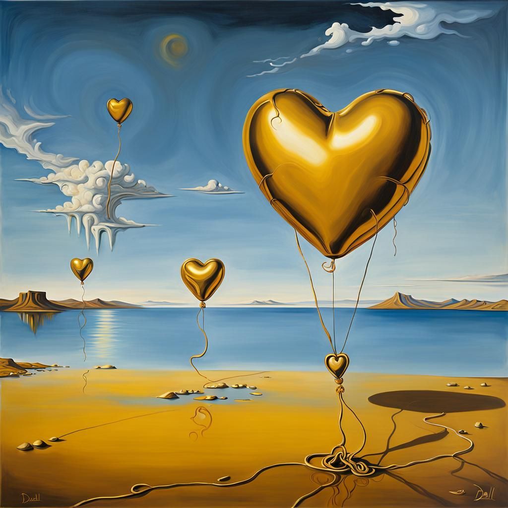 Golden Heart Balloons in Surrealist Landscape