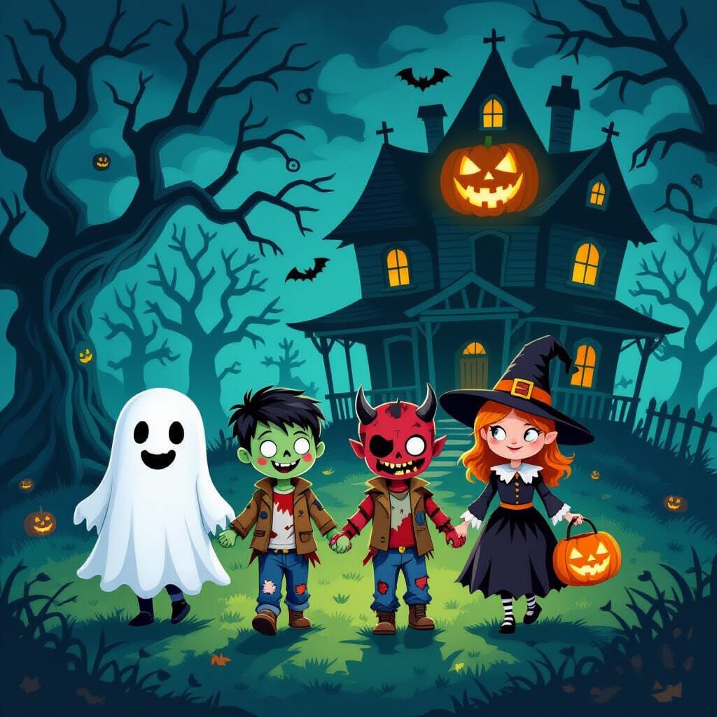 Spooky Halloween Scene with Costumed Children and Pumpkin He...