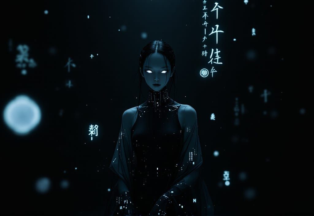 Ethereal Cyberpunk Woman in Monochromatic Void