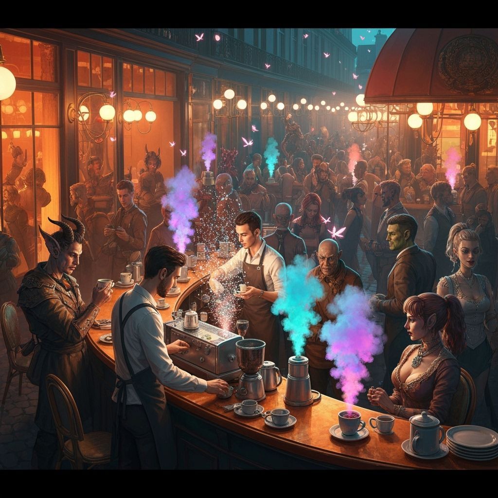 Demonic Parisian Cafe Scene with Glittering Coffee