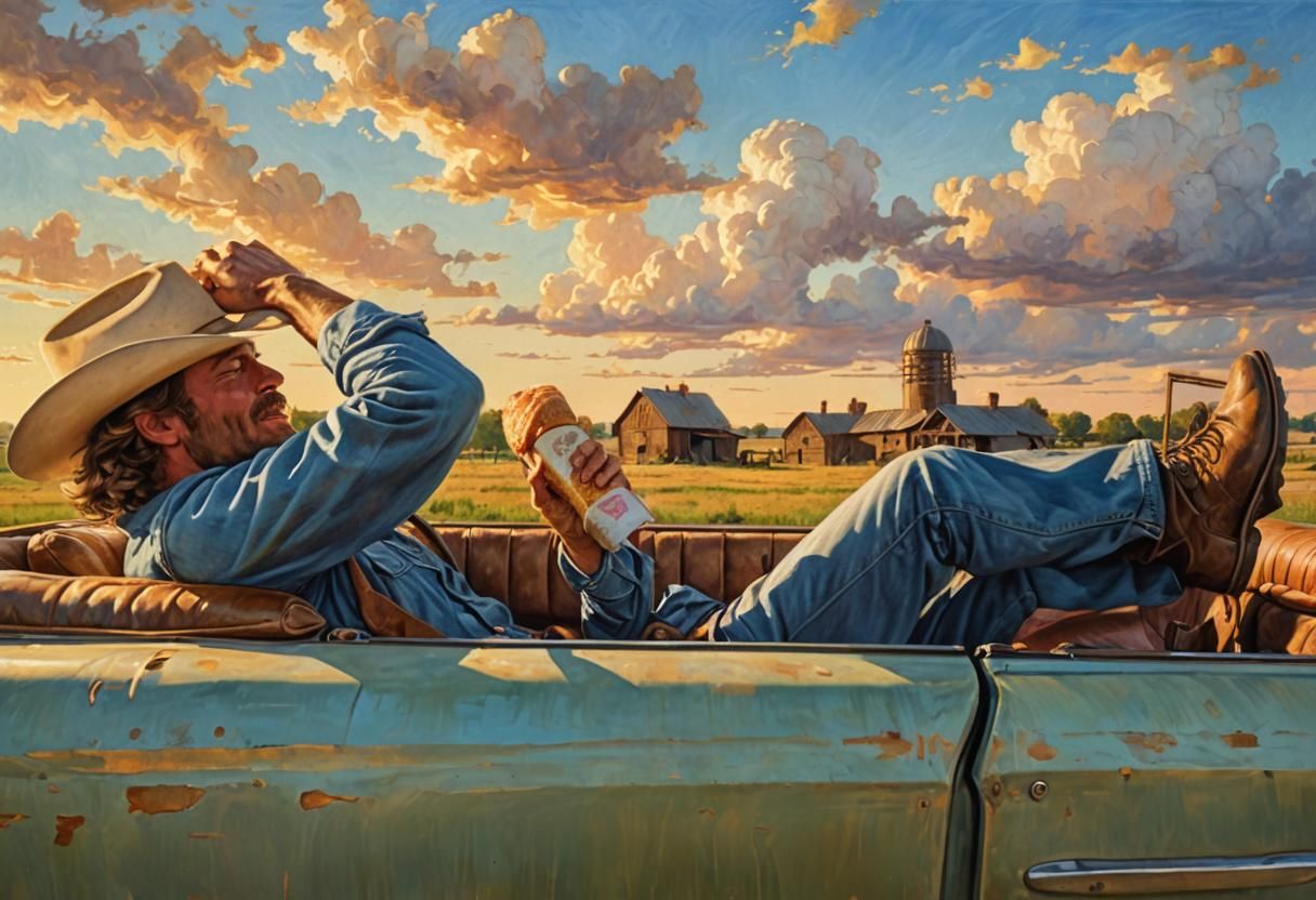 Cowboy in Convertible: American Realism Oil Painting