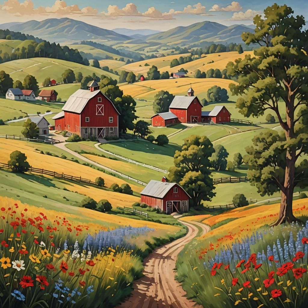 Charming Farm with Red Barn in Rustic Meadow