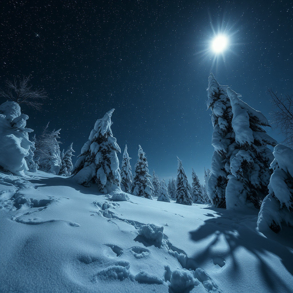 Hyperrealistic Snowy Landscape Under Starlight
