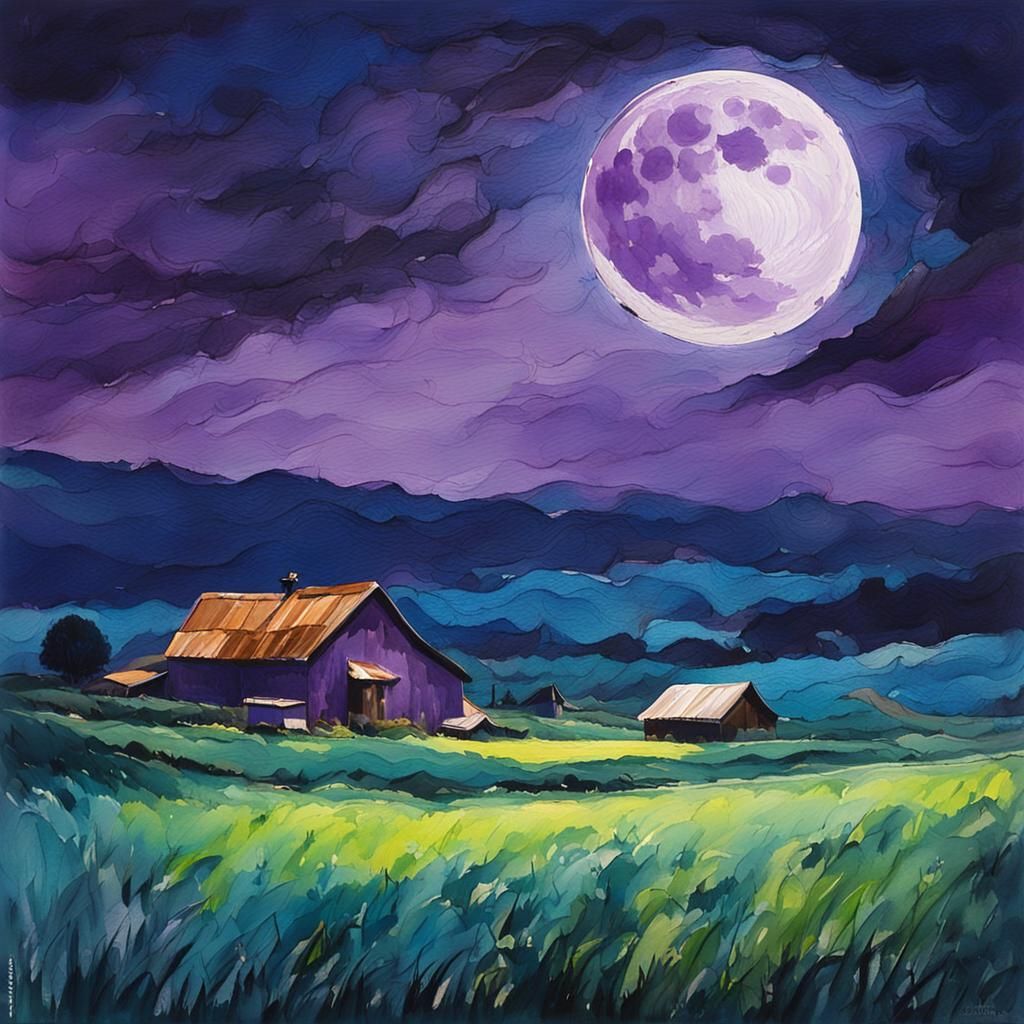 Purple Moon Over Farm in Gouache Style
