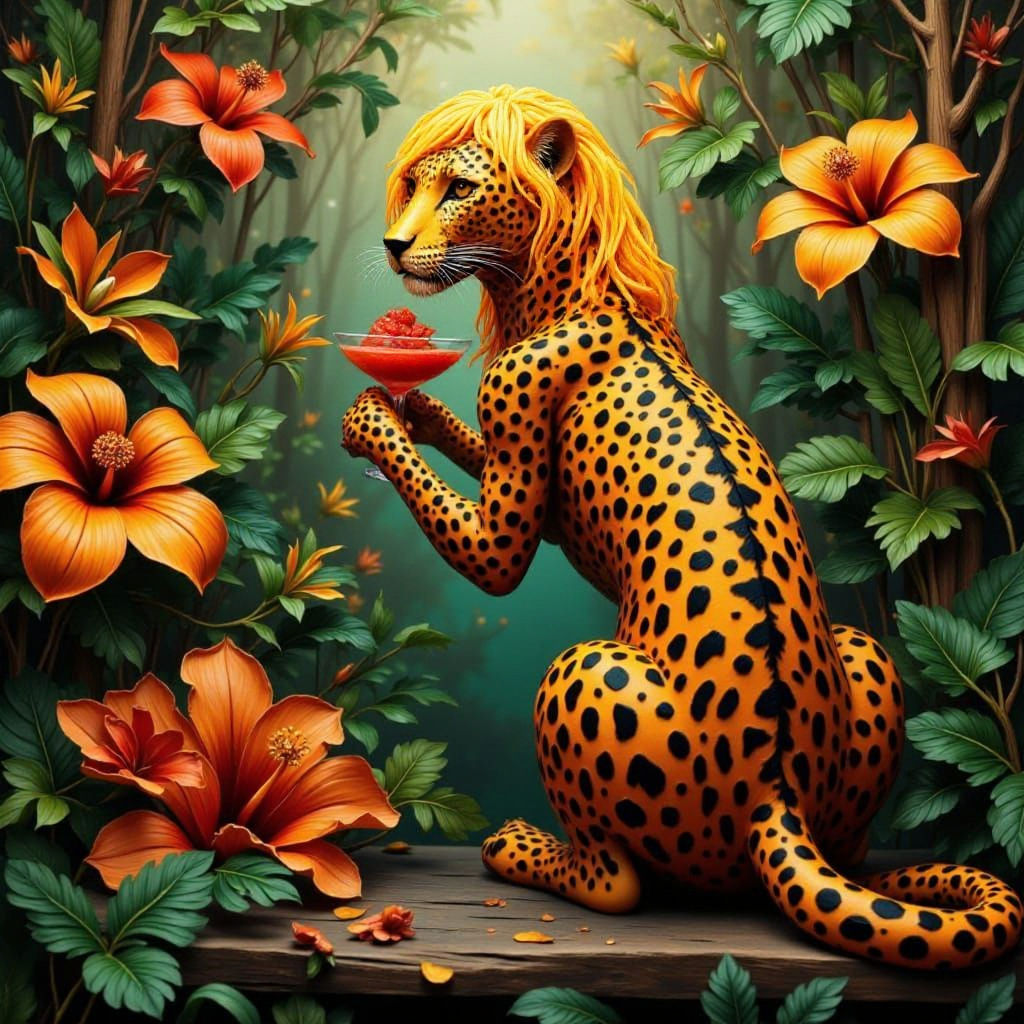 Leopard Humanoid with Martini in Impasto Diorama