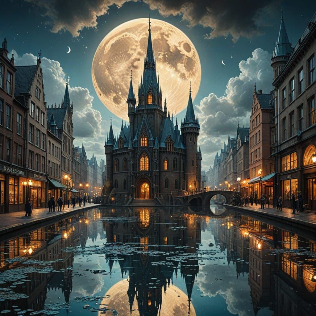Surreal Futuristic Cityscape Under Glowing Moonlight