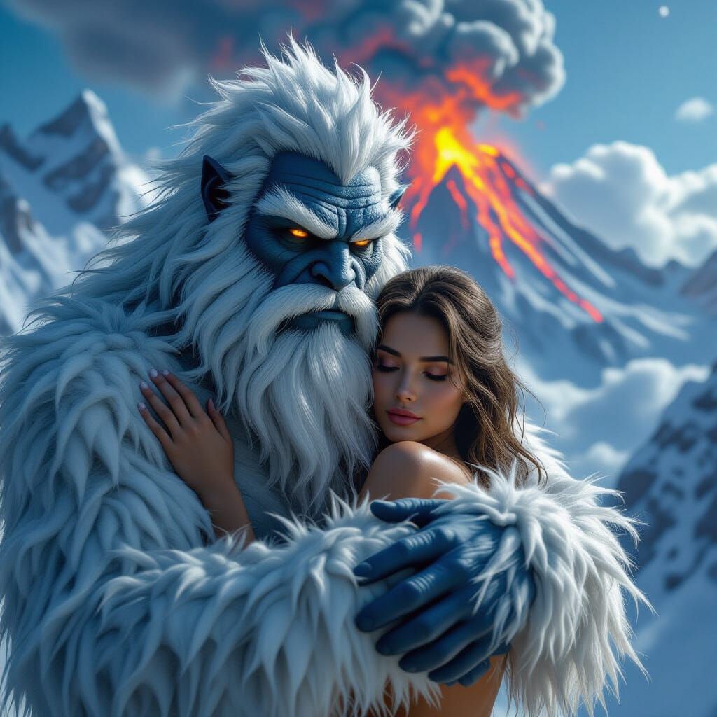 Yeti Embraces Fragmented Woman Before Volcano