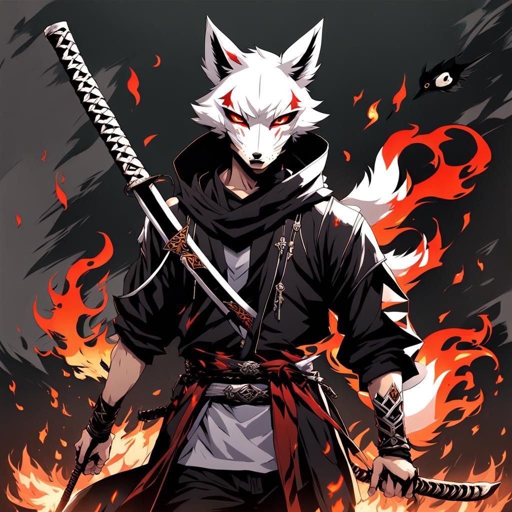 Fox Masked Boy with Katana in Anime Style