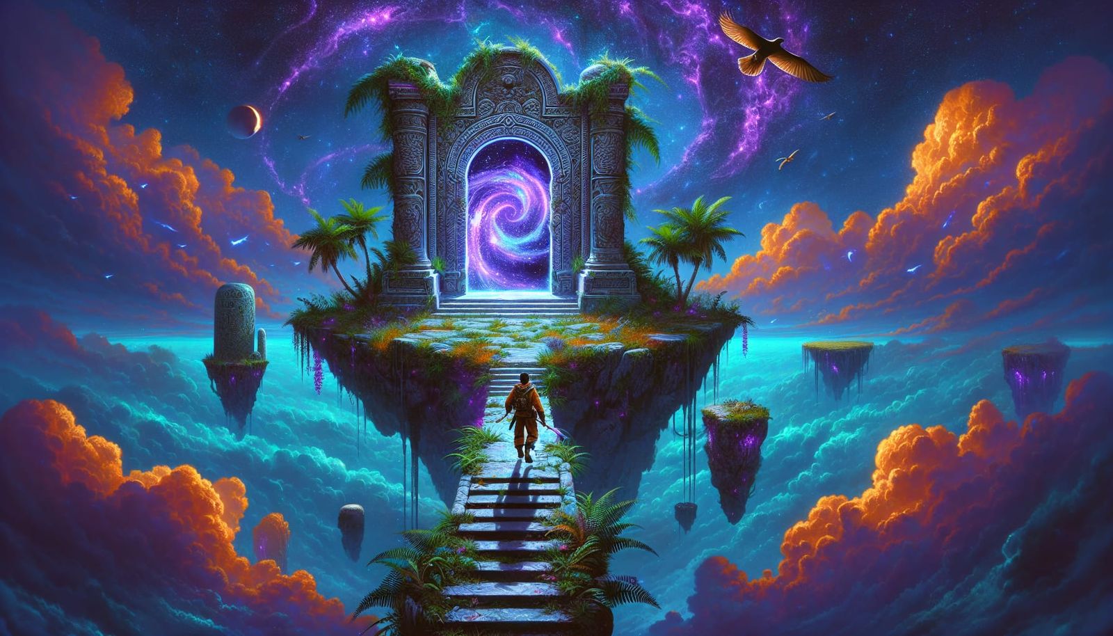 Adventurer Faces Swirling Purple Portal in Cosmic Landscape