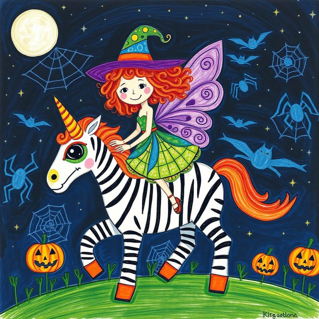Halloween Fairy Riding Zebra Unicorn in Crayon Art