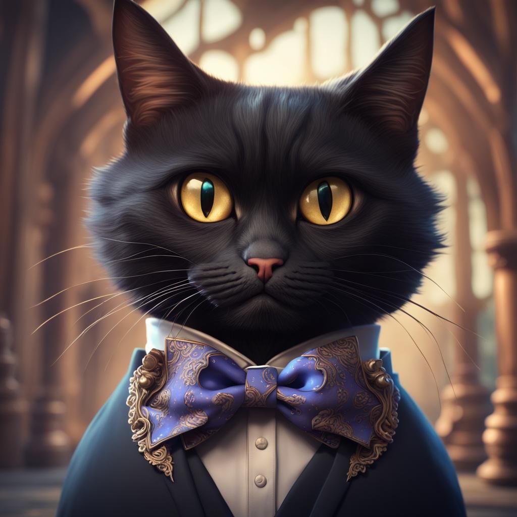 Silly Black Cat with Bow Tie, Detailed Painting