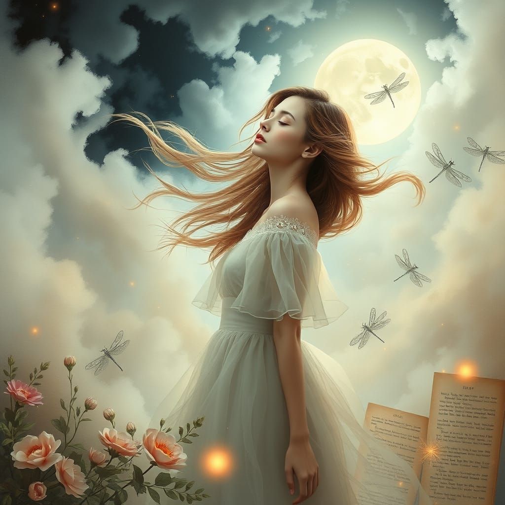 Ethereal Woman in Dreamlike Scene with Whimsical Creatures
