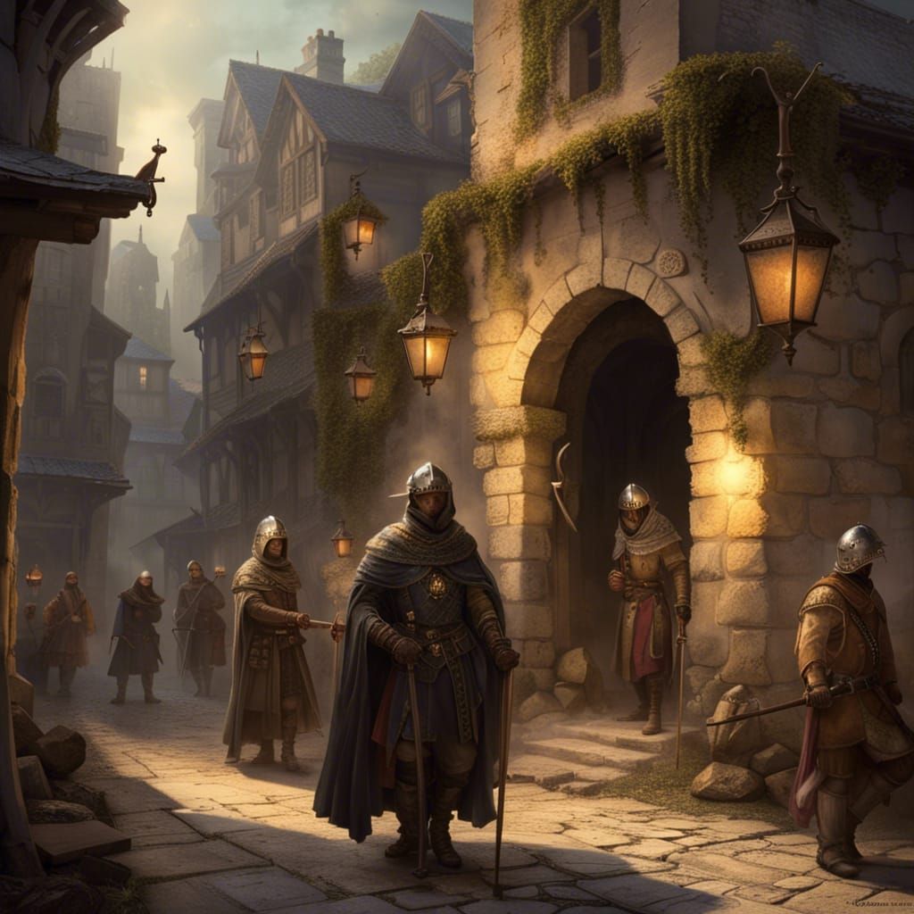 Medieval Town Gate with City Guards and Merchants