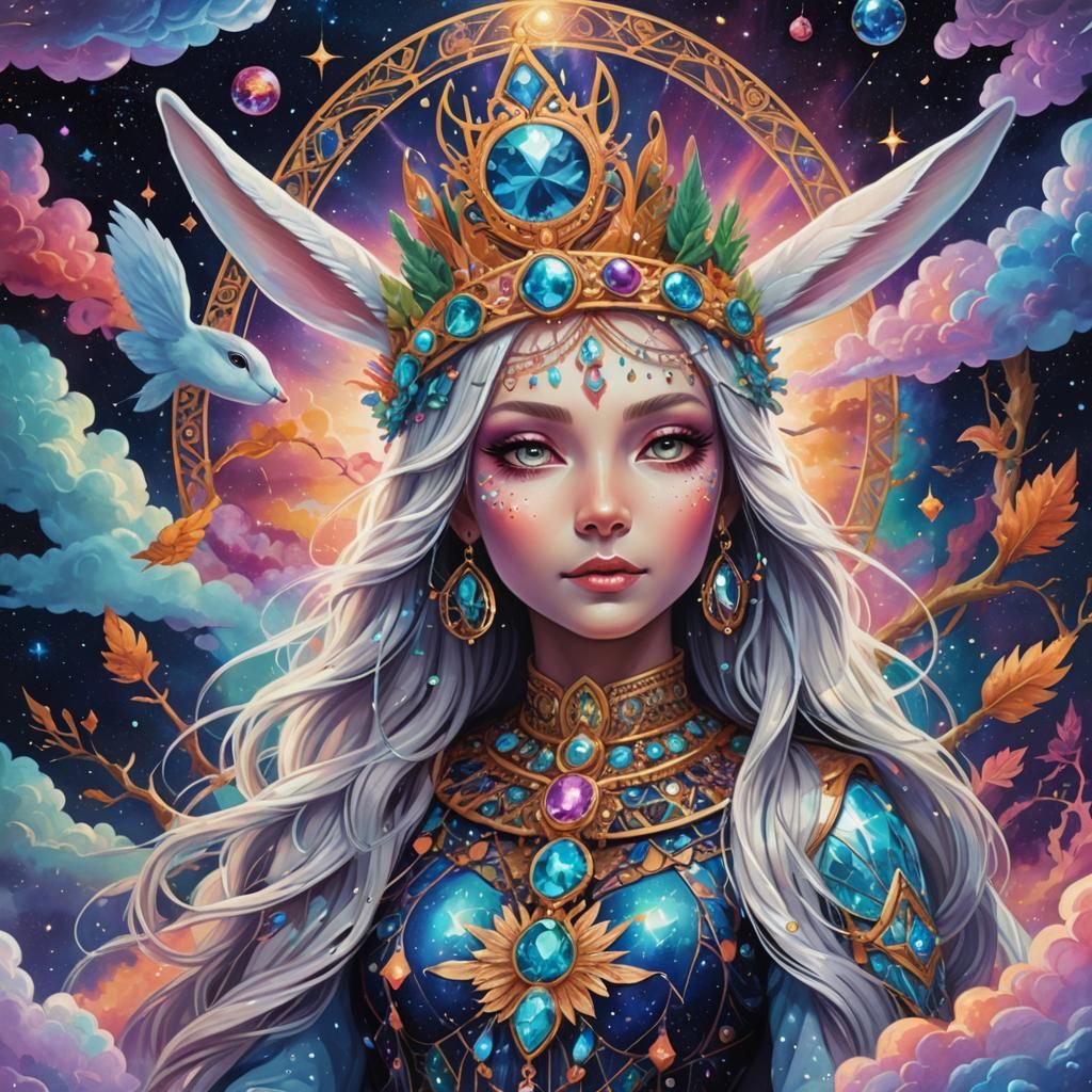 Cosmic Queen Bunny in Astral Forest: Digital Art