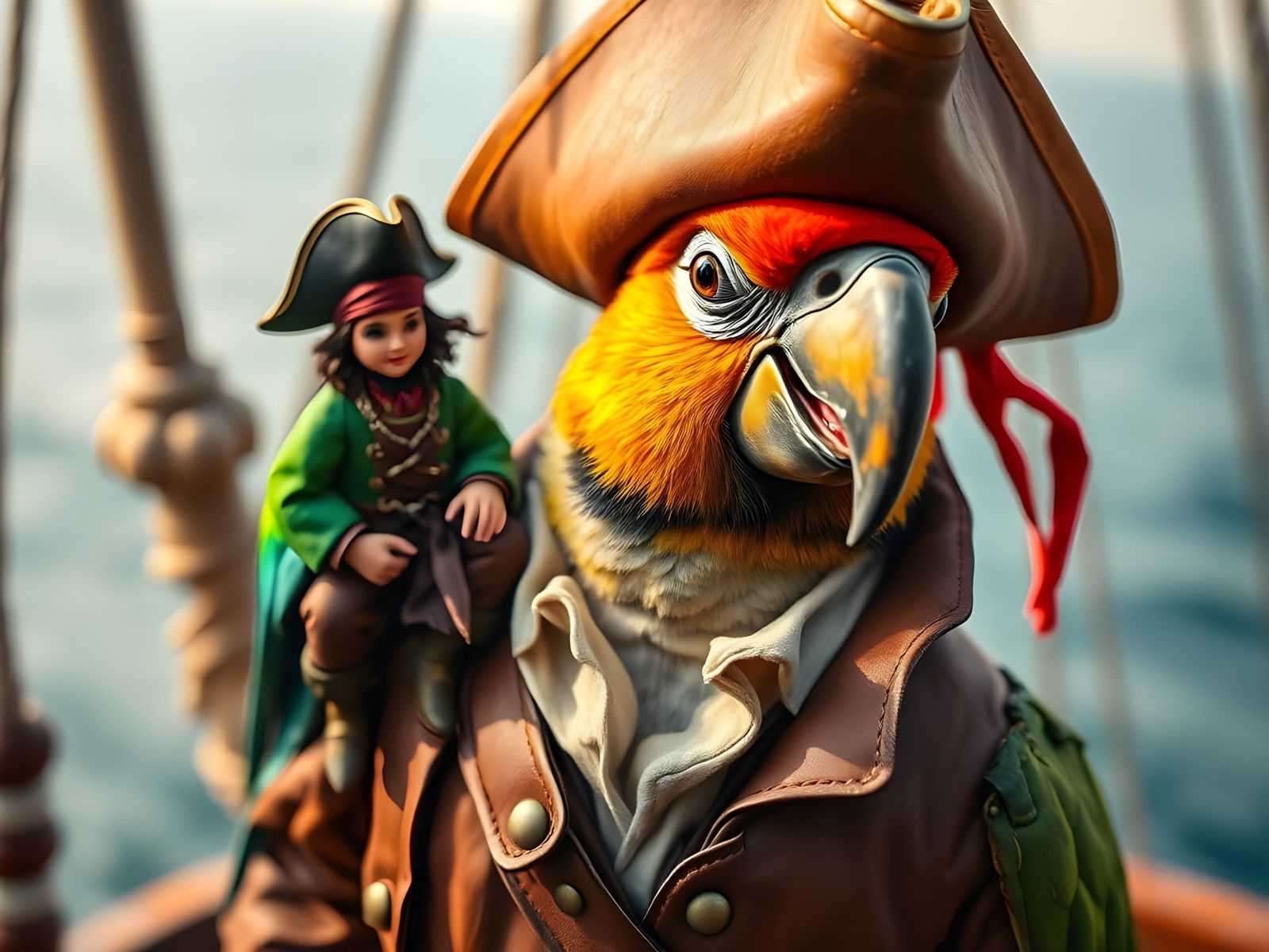 Pirate Parrot with Miniature Human on Caribbean Ship