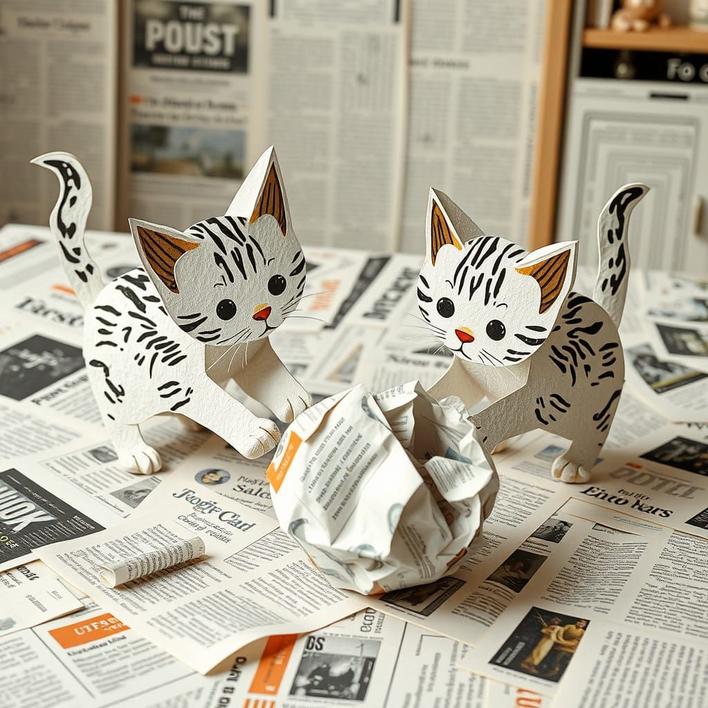 Intricate Paper Kittens Playing With Paper Ball