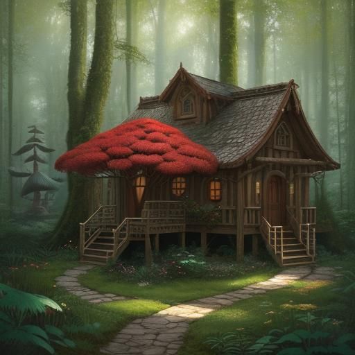 Whimsical Mushroom House in Lush Forest: Oil Painting