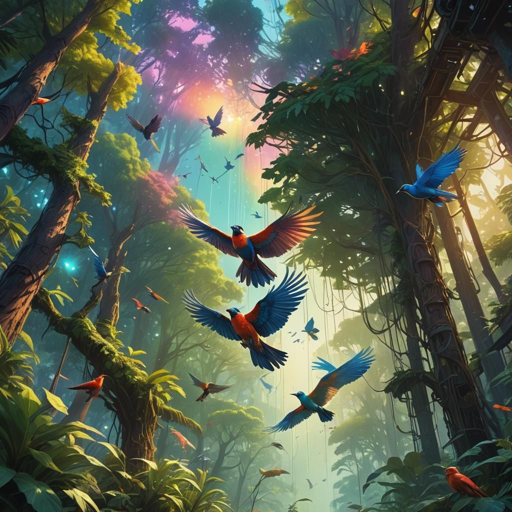 Exotic Birds Soaring in a Radiant Fantasy World