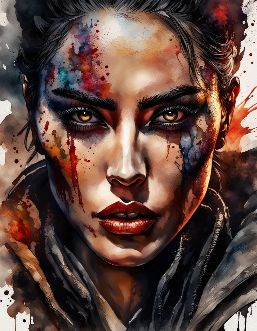 Persian Assassin Woman in Watercolor Splash Art