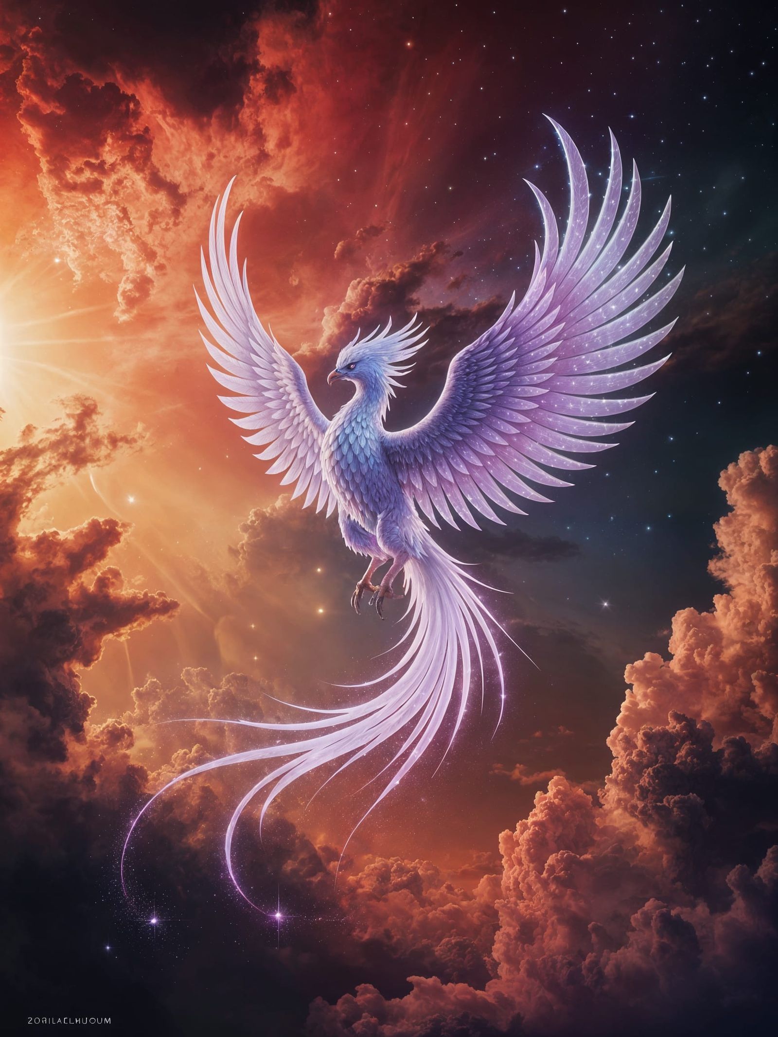 Phoenix Soaring Through Nebula-Filled Sky