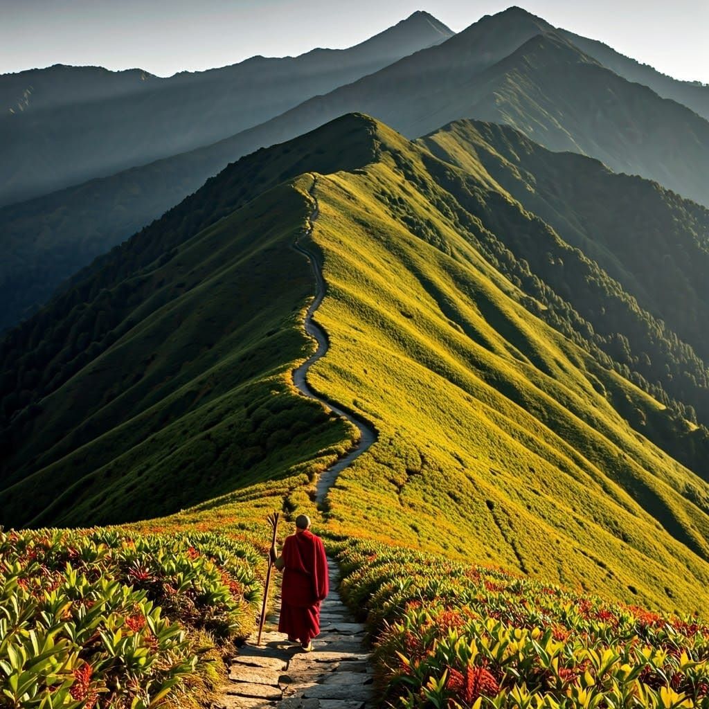 Tibetan Monk Ascends Emerald Mountain at Dawn in High Contra...