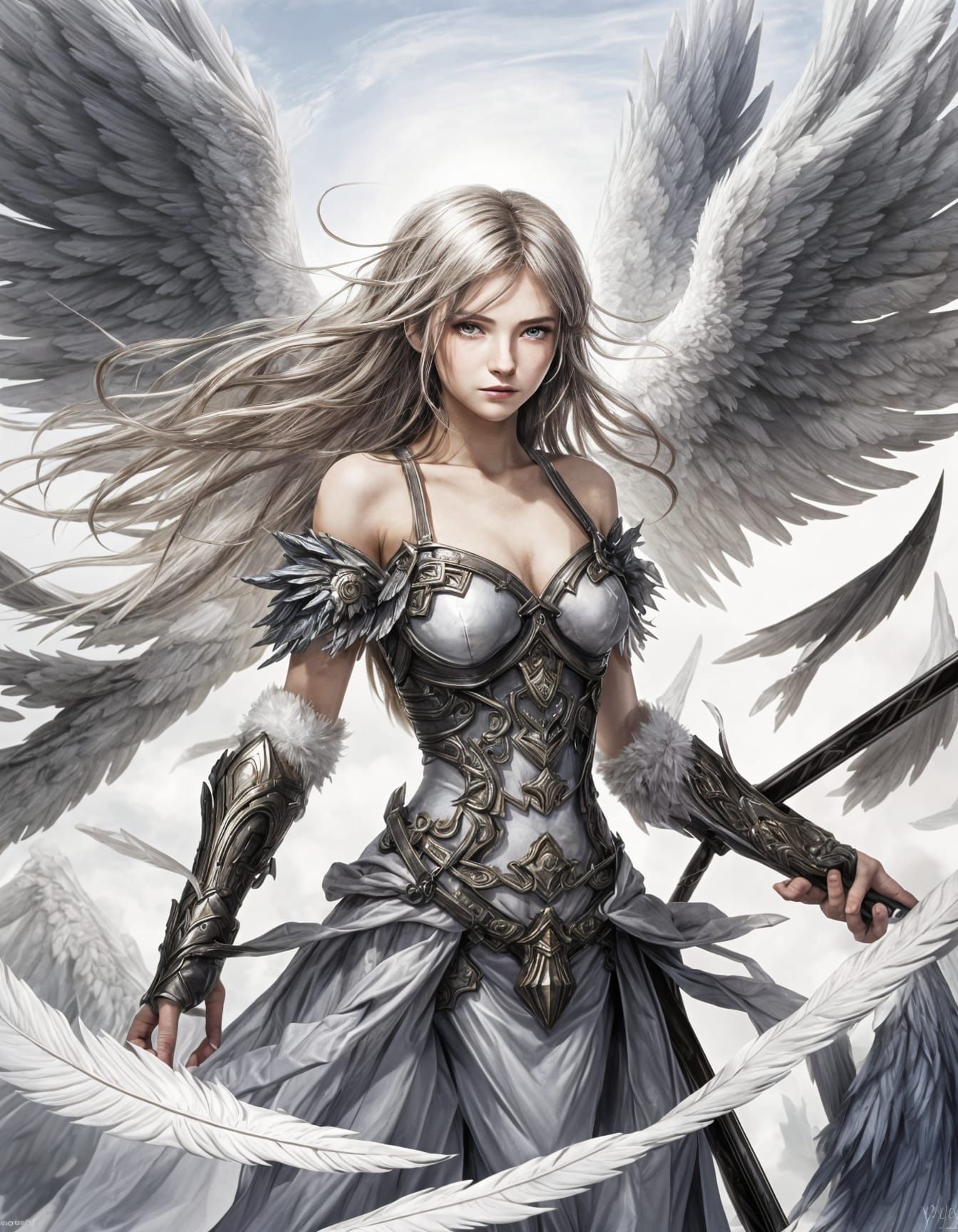Female Dark Silver Angel in a Battle Stance, Surrounded by W...