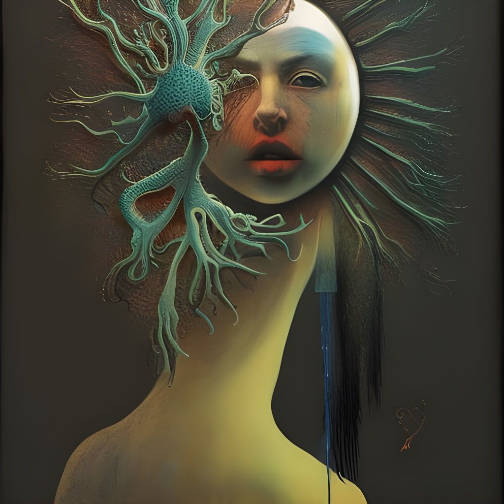 Woman with Pseudopod Hat in Mixed Media Style