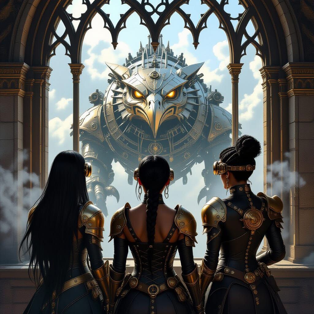 Steampunk Griffin Tank with Women in Gothic Window