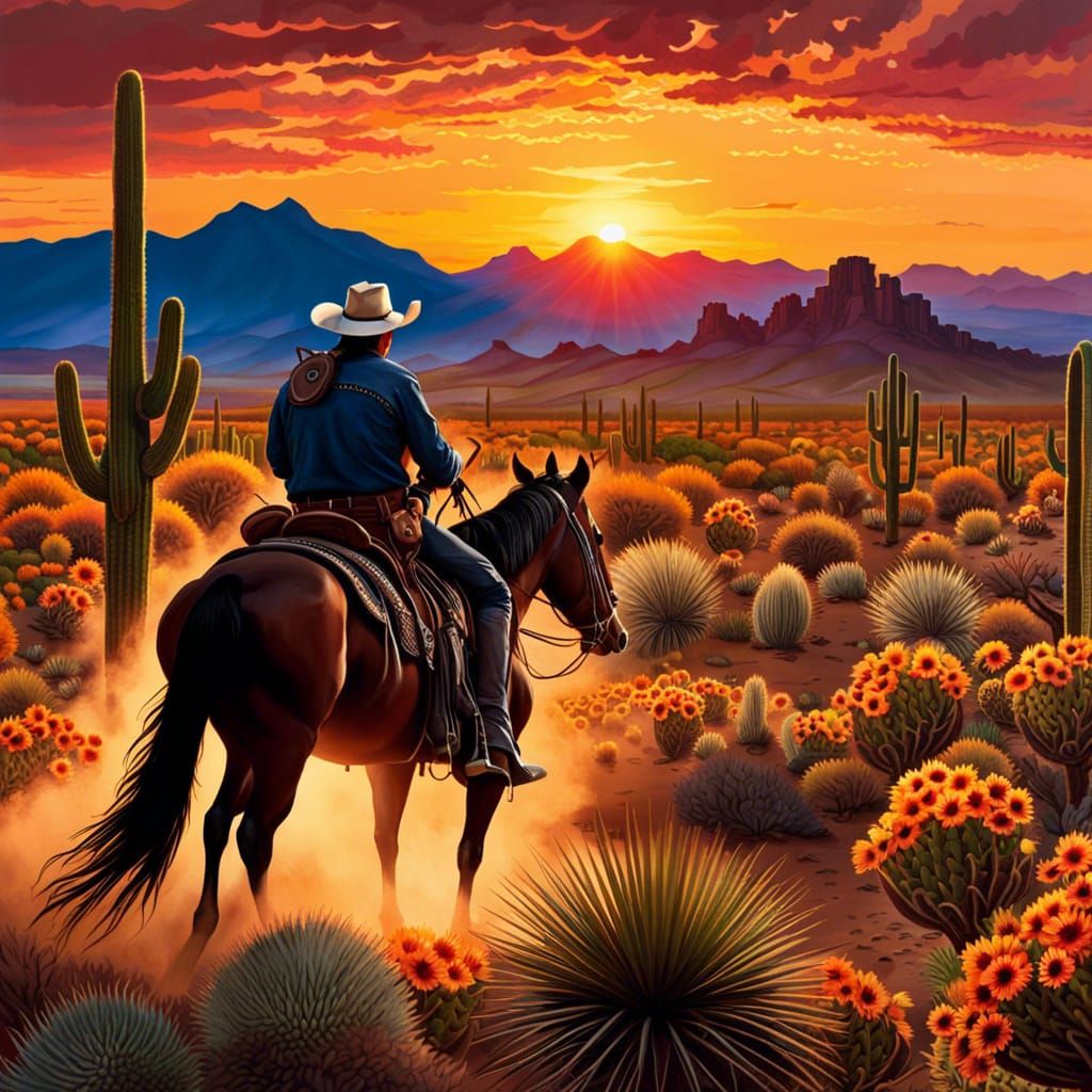 "A lone cowboy riding towards a sunset
