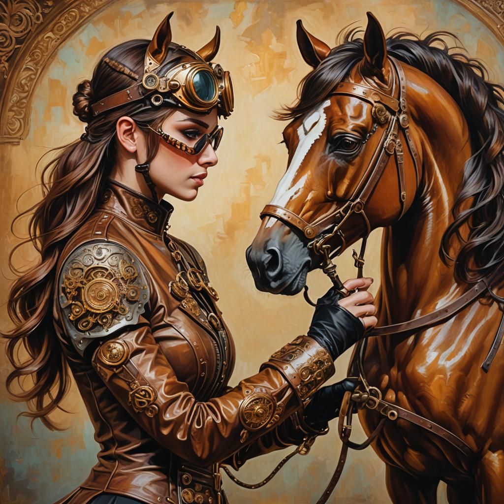 Steampunk Girl Jockey and Mechanical Horse