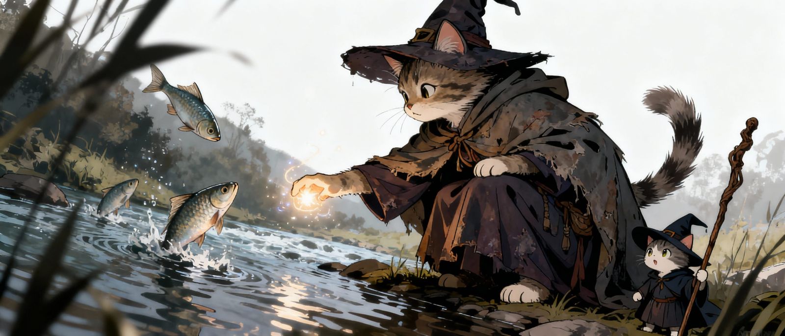 Anime Kitten Mage Summons Fish with Glowing Paw