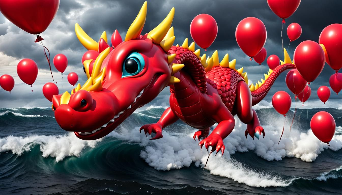Playful Rubber Dragon Soaring Through Stormy Skies