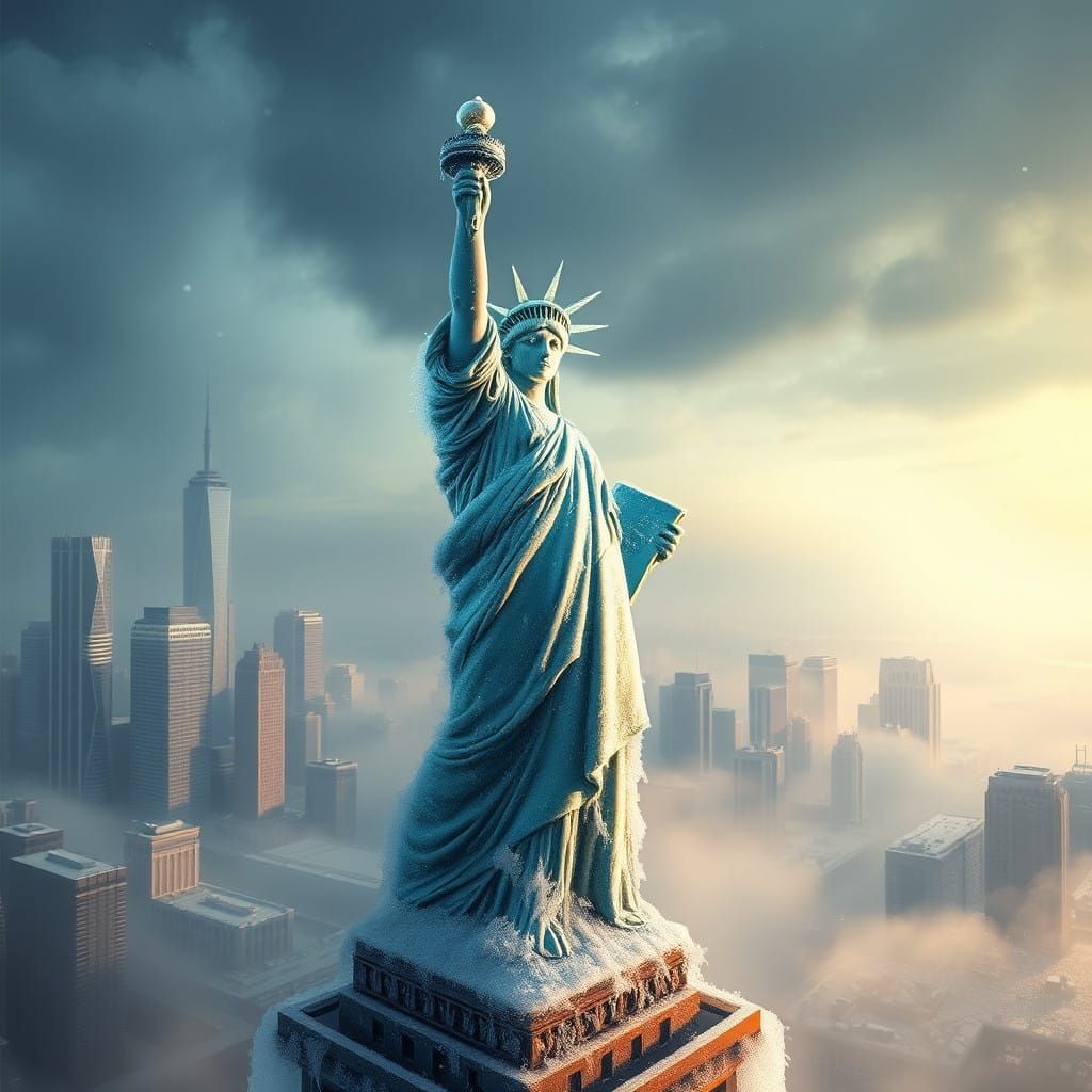 Ethereal Crystal Statue of Liberty in a Frozen New York City...