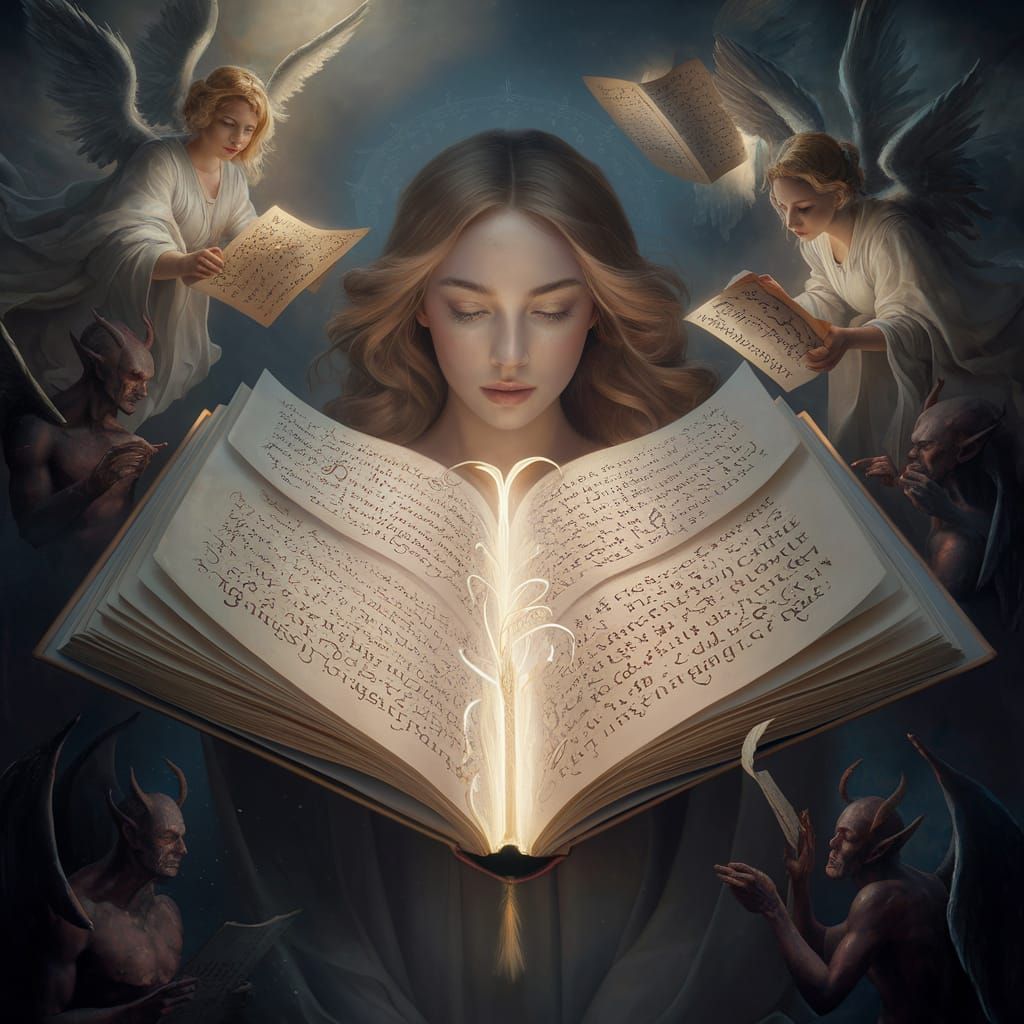 Ethereal Woman with Illuminated Soul as Calligraphy Book