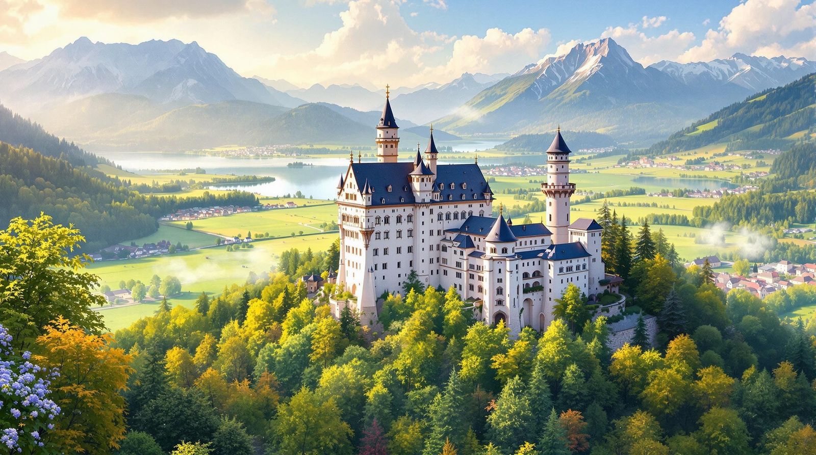 Areial view of Neuschwanstein Castle in the foothills of the...