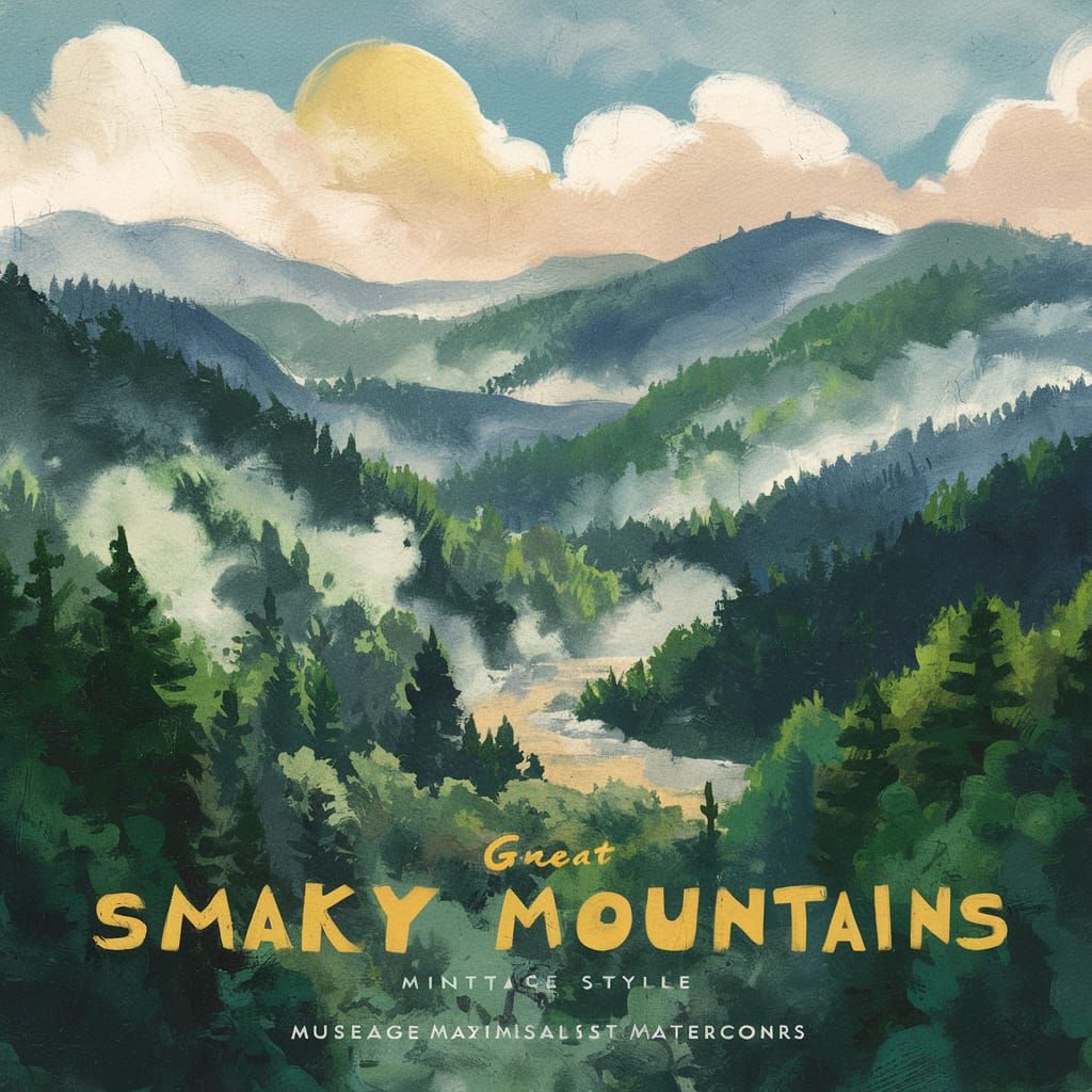 Smoky Mountains Vintage Poster in Gouache Style