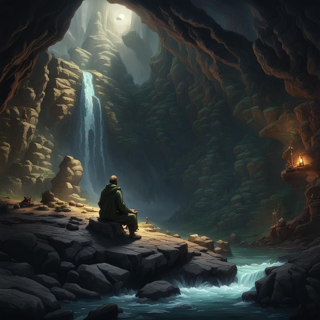 Lonely Man Gazing at Shangri-La: Dark Fantasy Art